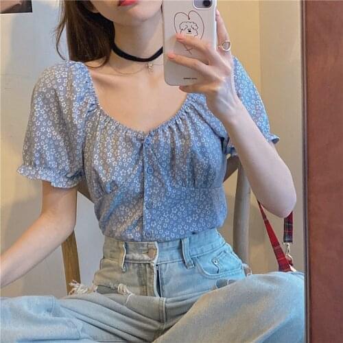 Womens T-shirts Tops Japanese Kawaii Ulzzang Floral Vintage Bubble Sleeve T-shirt Female Korean Harajuku Clothes For Women