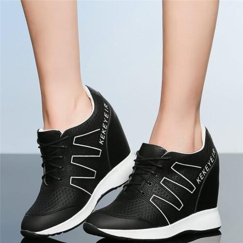 Women Lace Up Genuine Leather Wedges High Heel Ankle Boots Female Summer Breathable Mesh Round Toe Fashion Sneakers Casual Shoes