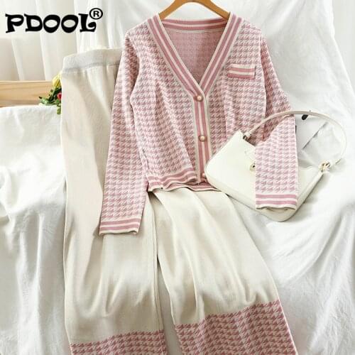 2021 Spring New V-neck Women Plaid Knitted Cardigan Sweater + Casual Wide-Leg Trousers Two-Piece Set Female Loose Knitting Suit