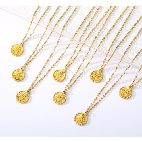 Zodiac Charm Coin Necklace For Women Jewelry Stainless Steel Chain 12 Constellation Capricorn Aquarius Pisces Necklaces Pendants