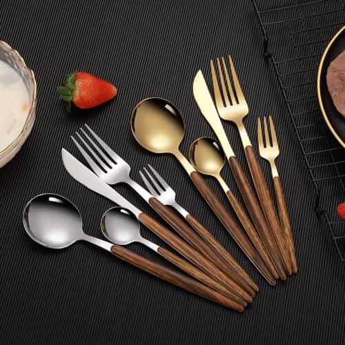 5Pcs/Set Wooden Handle Dinnerware Tableware Cutleries Set Food Steak Knife Fork Spoon Teaspoon Flatware Kitchen Accessories