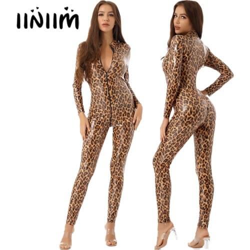 Womens Fashion Leopard Print Patent Leather Bodysuit Streetwear Hot Stand Collar Long Sleeve Zipper Catsuit Slim Fit Jumpsuit