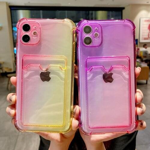 Gradient Color Card Holder Case For iPhone 11 12 Pro Max Mini XS MAX XR X XS 7 8 Plus Shockproof Bumper Soft Credit Slot Cover