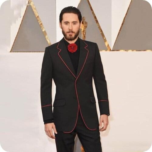 Black Men Formal Suits Red side Red Carpet Slim Fit Groom Suits Tailor-Made Male Jacket Prom Blazer 2Piece Costume Homme Ternos