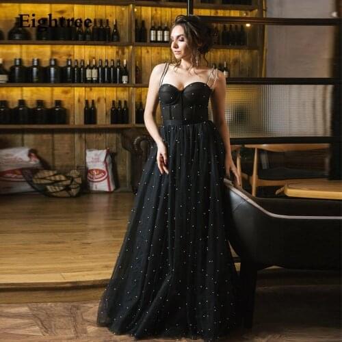 Eightree Perarls Black Simple A Line Long Prom Dresses Simple Spaghetti Straps Evening Dresses Tulle Formal Party Gown