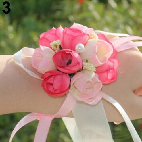 Wrist Flower Vivid Pattern Fake Pearl Ribbon Cloth Pretty Bridal Flower Bracelet for Wedding Wrist Flower