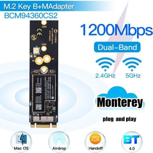 1200Mbps Dual Band BCM94360CS2 802.11AC/AX Bluetooth-compatible 4.0 Wifi Card To M.2NGFF Key B+M Adapter For Hackintosh MacOS