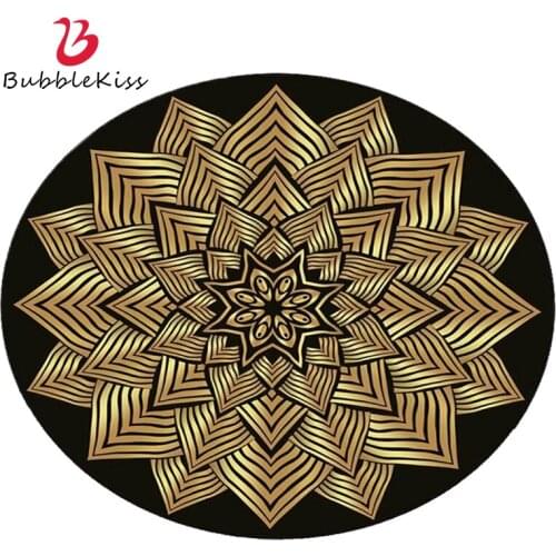 Bubble Kiss Round Carpets For Living Room Black Gold Floral Print Home Bedside Floor Rug Dust Proof Boys Bedroom Decor Foot Mat