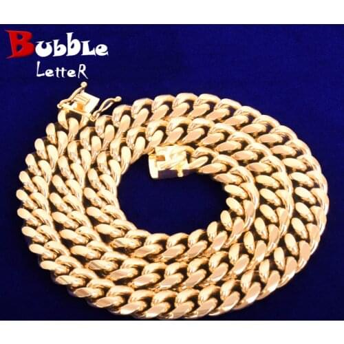 12mm Miami Cuban Chain Mens Stainless Steel Necklace Gold Color Plated Hip Hop Fashion Rock Jewelry