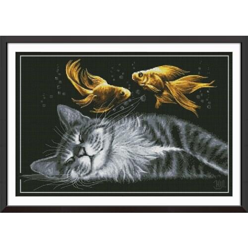 NKF Dreaming Cat Animal Cross Stitch Kits 11CT 14CT Chinese Cross Stitch Pattern Embroidery Needlework Set for Home Decor