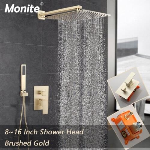 Monite 8/16 Inch Brushed Gold Rainfall Bathroom Shower Set Wall Mounted Solid Brass Ultrl-thin Square Shower Head Hand Faucet