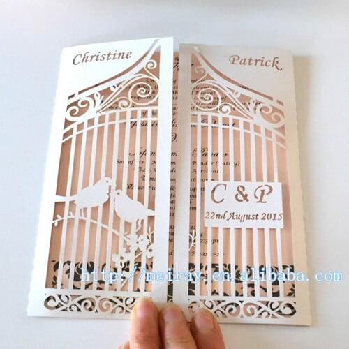 Personalized wedding! love birds on the gate birdcage laser cut wedding invitation card white wedding invitations