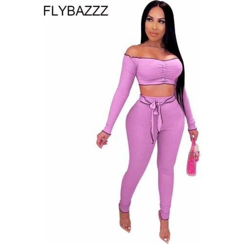 Sexy Ruffle Ribbed Two Piece Set Autumn Women Solid Slash Neck Off Shoulder Long Sleeve Crop Top Lace Up Pants Yoga Leggings Set