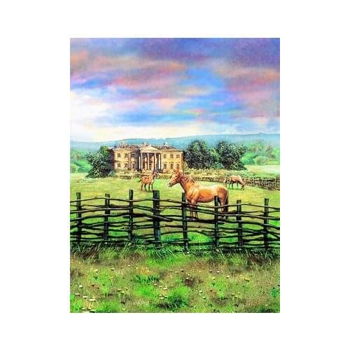TR 5x7FT Cartoon Farm Wood Fence Backdrop Horses Hill Trees Grass Cottage Hut Yard Custom Photo Studio Backdrop Background Vinyl