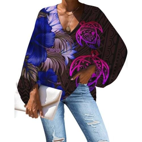 HYCOOL Polynesian Turtle Design Purple Blusas De Mujer Fall Long Sleeve Blouses Women Casual Sexy V Neck Women Tops And Bloues