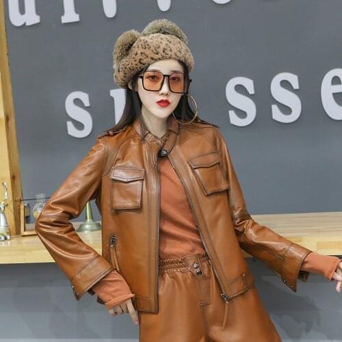 100% Sheepskin Leather Coat Female Motorcycle Real Leather Jackets Women Vintage Woman Jacket Chaqueta Cuero Mujer Zjt2579