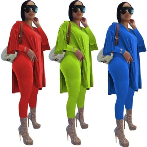 Solid Color Two Piece Set Woman Flare Sleeve High Slit Long Sweatshirts and Pencil Pants Casual Home Wear Outfits Plus Size XXL
