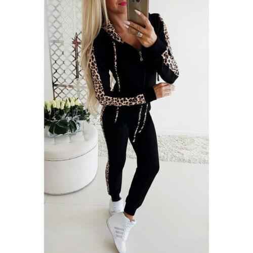 Fashion Casual 2Pcs Women Leopard Long Seleeve Hoodies Sports Tops Pants Tracksuit Sweatshirt Sweat Suit Jogging