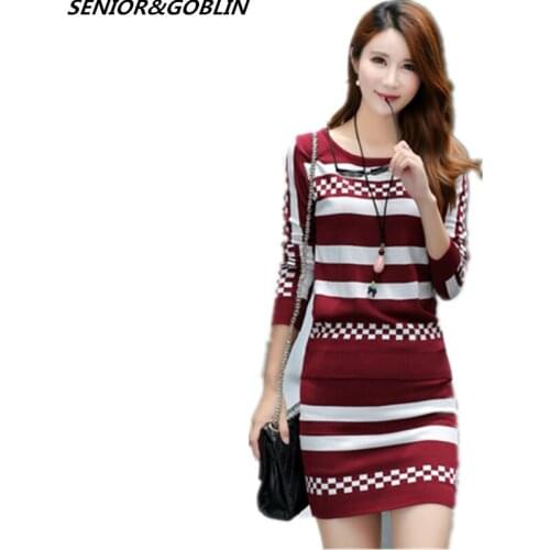 2019 Striped Long-sleeved Pullovers Knitted 2 Piece Sets Women Winter Runway Elegant Leisure Suit Skirt Stretch Crop Top And Set