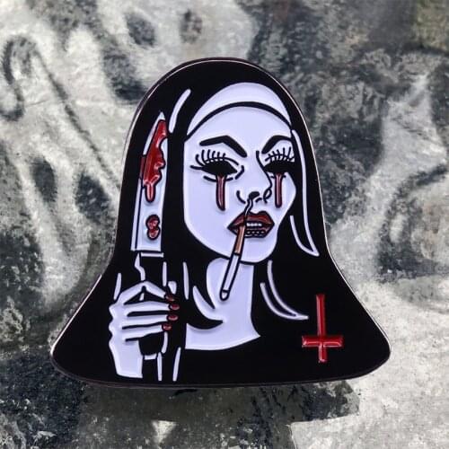 Nasty Habit Pin Smoking Nun Holding Bloody Knife Badge Inverted Cross Blood Running from Black Eyes Goth Punk Horror Scary Decor