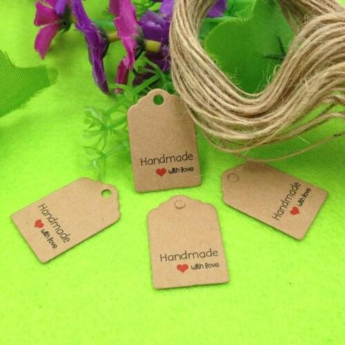 3x2cm 200PCS tags with 200pcs strings hand made with love kraft Tag for thank you gift box and Paper Cards for Gift hang Tags