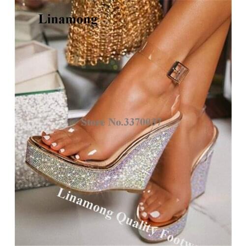 Linamong Bling Bling Clear PVC High Platform Rhinestone Wedge Sandals Transparent Straps Crystal Wedges Wedding Dress Shoes