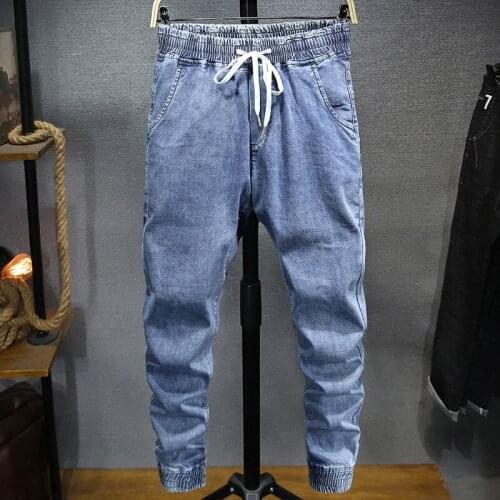 Bunch of Foot Solid Color Stretch Jeans Men Elastic Drawstring Waist Loose Plus Size Casual Ankle-Length Denim Pants 2021 Wild