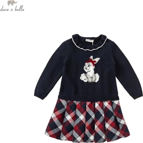 DKY19959 dave bella autumn girls fashion letter plaid print draped dress children sweet dress kids infant lolita clothes