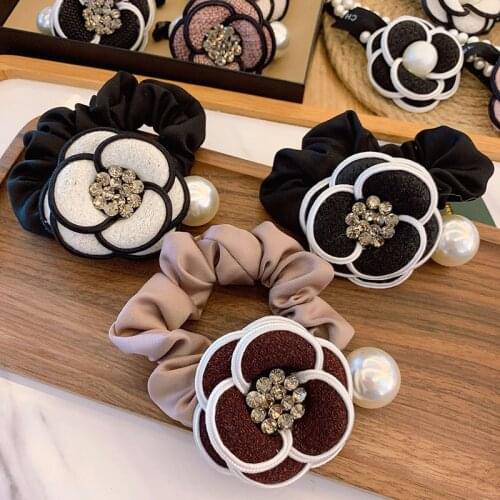 Adult Women Elastic Hair Bands Camellia Flower Rhinestone Korean Handmade Lady Office Pearl Head Wear Accessories-ED-W13