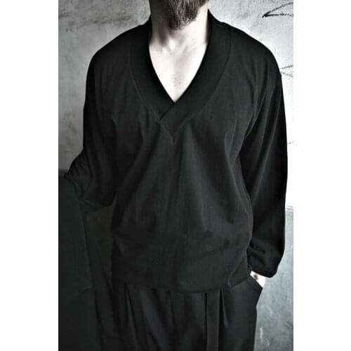 Korean mens new V-neck solid color loose solid color versatile casual long sleeve T-shirt fashion top bottom shirt Europe and A