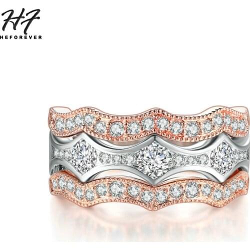Delicate Wave Shaped 3 Rounds Rings Set for Women White Rose Gold Color Zirconia Flexible collocation Fashion Jewelry Xmas YG064