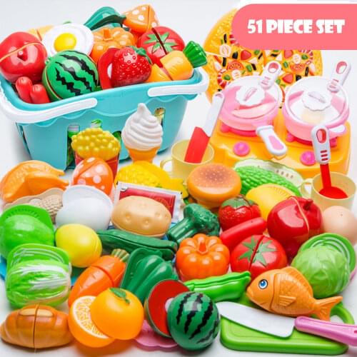51pcs Children Pretend Role Play House Toy Plastic Cutting Fruit Vegetables Food and Pot Basket Children Classic Kitchen Toy
