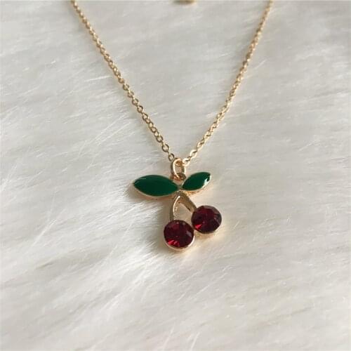 SWEET GOLD COLOR PLATING RED STONE WITH GREEN ENAMEL CHERRY PENDANT NECKLACE FOR WOMEN GIRL