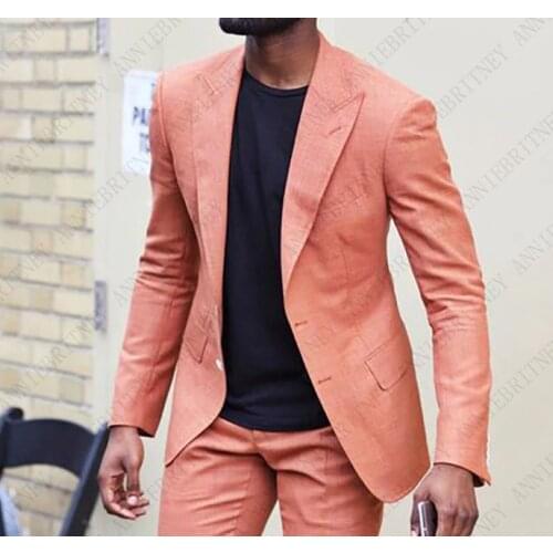 2020 Designs Coral Red Suits Men 2 pieces Linen Groom Wedding Suits Tuxedo Blazer Tailored Casual Mens Suit Coat Trousers Set