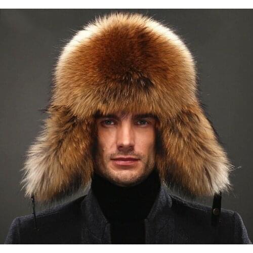 IANLAN Mens Full-pelt Blue Fox Fur Bomber Hats Real Raccoon Fur Earmuffs Hats Winter Outdoor Real Sheep Leather Caps IL00238