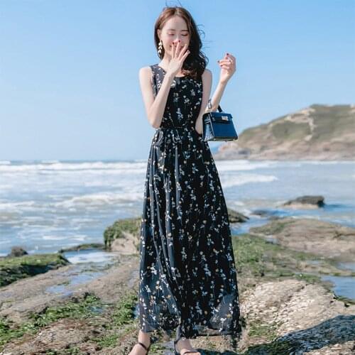 2021 New Suspender Cottagecore Black Harajuku Flower Floral Tunics Beach Summer Holiday Casual Storm Simia Long Skirt Dress