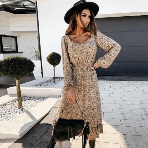 Autumn Ruffles Square Collar Floral Long Dress Women Winter Long Sleeve Casual A Line Print Dress Slim Female Boho Party Vestido