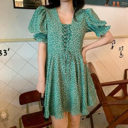 Dress French Fungus Belt Short-sleeved Floral Dress Female Summer New Style Korean Mid-length Skirt