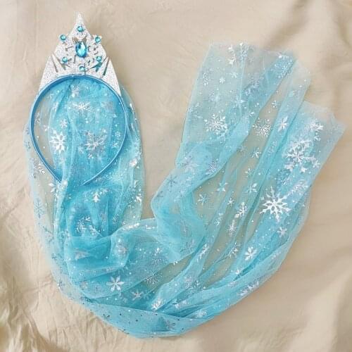 Korea Style Girl Hairbands Blue Long Veil Snowflake Princess Crown Birthday Cute Headbands for Children Fashion Hair Accessories