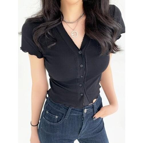 Chic Black V-neck Buttons Short Tops Women Summer Short Sleeve Slim Stretch T-shirt Female Fashion Tops