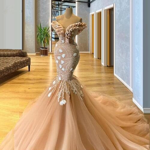 Modest Champagne Evening Dresses Lace Appliqued Ruffles Off Shoulder Long Party Prom Gowns Tulle vestido de novia