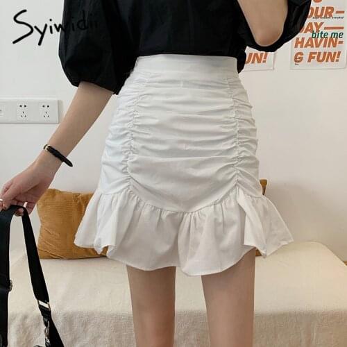 Syiwidii Folds Skirts for Women Summer 2021 Korean New Zipper High Waist Fashion A Line Ruffles Mermaid Mini Skirt Black White