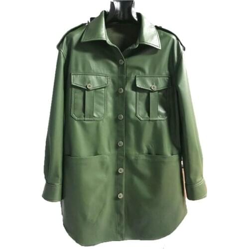 Dark Coat Green Spring Women 2021 New Fashion Soft Leather Jacket With Belt Import Sheepskin Atmosphere Clothes Plus Size