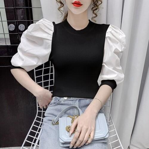 Fake Two Piece Knitted Blouse Women Lantern Sleeve Blusas Patchwork Shirts Summer 2021 Fashion Casual Female Tops blouses femme