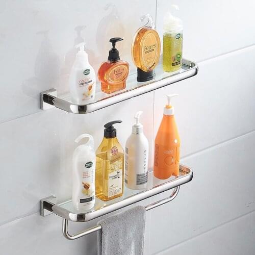 Bathroom Shelf 304 Stainless Steel Shower Rack Glass Corner Shelf Bath Shower Shelf Storage Organizer Holder With Towel Bar