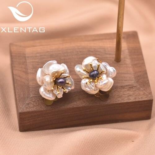 XlenAg Natural Irregular Baroque Petals And Dark Blue Small Pearl Ear Clip Earrings Womens Earring Set Fashion Jewelry GE0664B