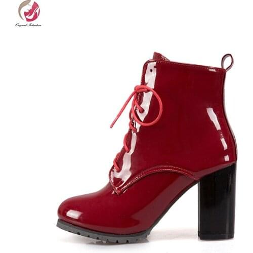 Original Intention Stylish Patent Leather Ankle Boots Woman Round Toe Square Heels Cross-tied Elegant Sexy Shoes Female Plus Siz