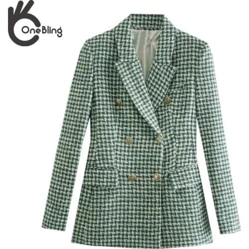 OneBling Za Women 2021 Vintage Traf Green Plaid Blazer Coat Double Breasted Chic Slim Tops Top+Pant 2 Piece Set Cargo Pants