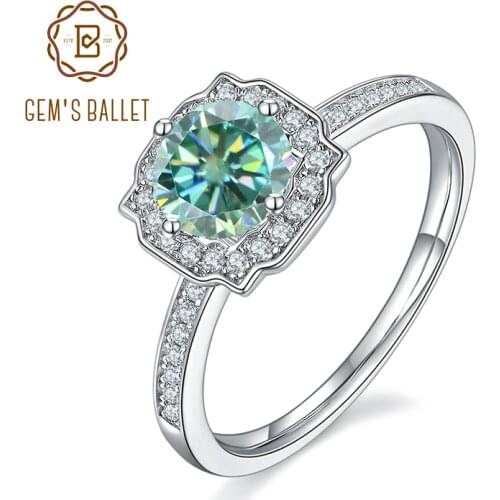 GEMS BALLET 925 Sterling Silver Green Moissanite Ring 1.0Ct Round Halo Channel Moissanite Engagement Rings Wedding For Women