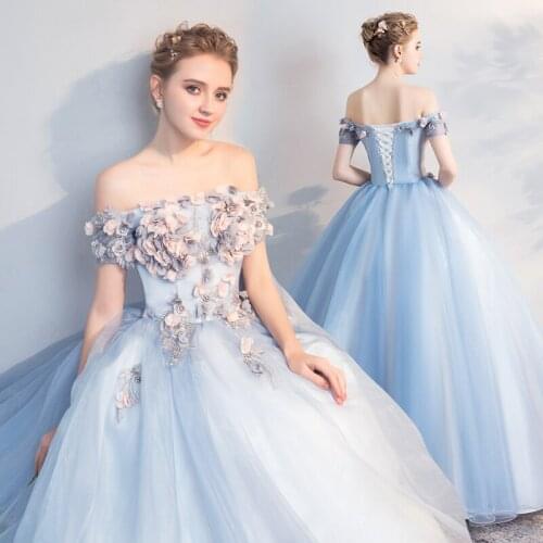 New blue w grey floor length sweat lady girl women princess bridesmaid banquet party ball dress gown